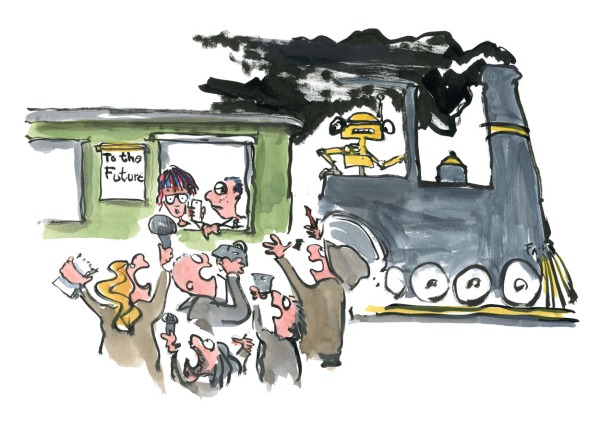 drawing of journalists trying to get a comment from some future kids on a digital trail ride. Illustration by Frits Ahlefeldt