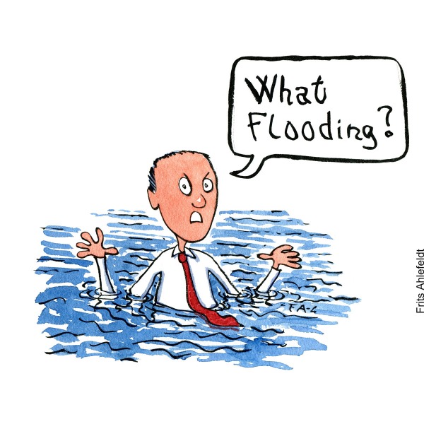 Man saying what flooding, while surrounded by water.