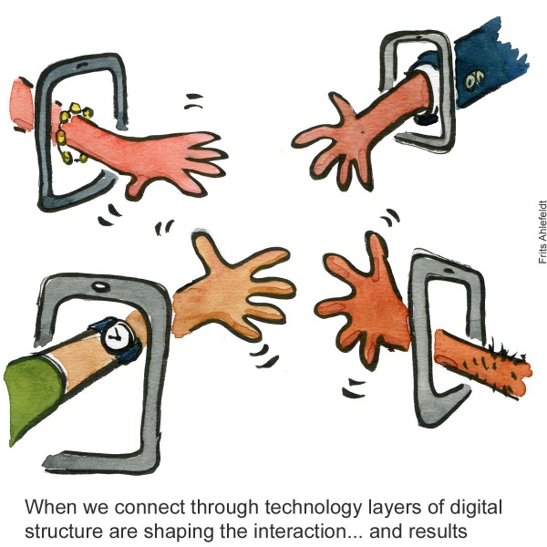Illustration of four hands, each reaching out through a phone screen. Drawn journalism by Frits Ahlefeldt