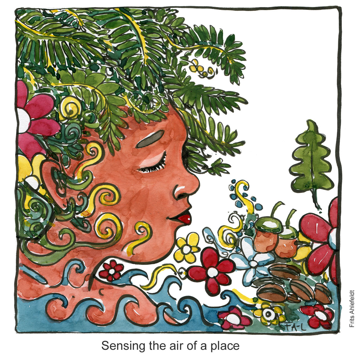 Illustration of woman with plants as hair and flowers around.Drawn journalism by Frits Ahlefeldt