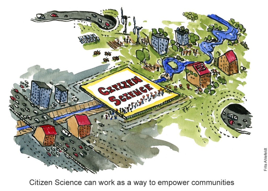 Illustration of citizen science platform between a grey city and a grey city. Drawn journalism by Frits Ahlefeldt