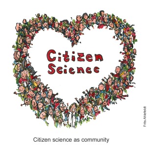 Illustration of a heart made of people, with Citizen science written in the middle, Drawn journalism by Frits Ahlefeldt
