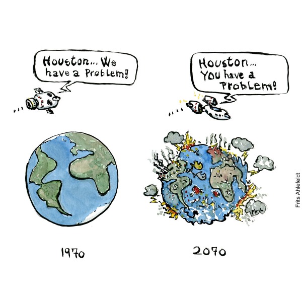 Houston we have a problem drawing of a spaceship with the quote, and slightly different Houston you have a problem 100 years later in 2070. Cartoon Drawn journalism by Frits Ahlefeldt