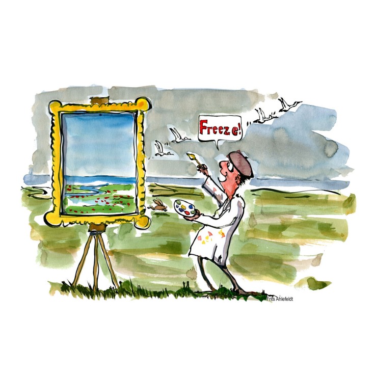 Drawing of an artist with frame in nature, telling birds to "freeze!" Biodiversity illustration by Frits Ahlefeldt - Drawn journalism