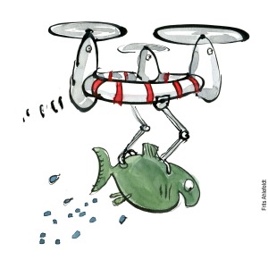 Drawing of a drone flying with a fish. Biodiversity illustration by Frits Ahlefeldt - Drawn journalism