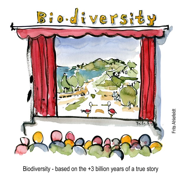Drawing of bio-theater with nature in it and audience. Biodiversity illustration by Frits Ahlefeldt - Drawn journalism