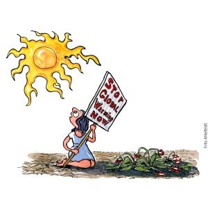 Illustration of girl with a global warming sign, trying to shelter a dying plant. Drawing by Frits Ahlefeldt