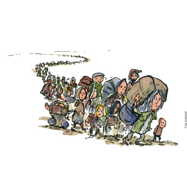 Drawing of a group of migrants moving in a long line. Illustration by Frits Ahlefeldt