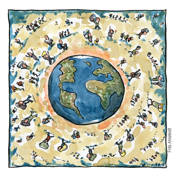 Drawing of climate migrants walking around planet Earth in the center. Illustration by Frits Ahlefeldt