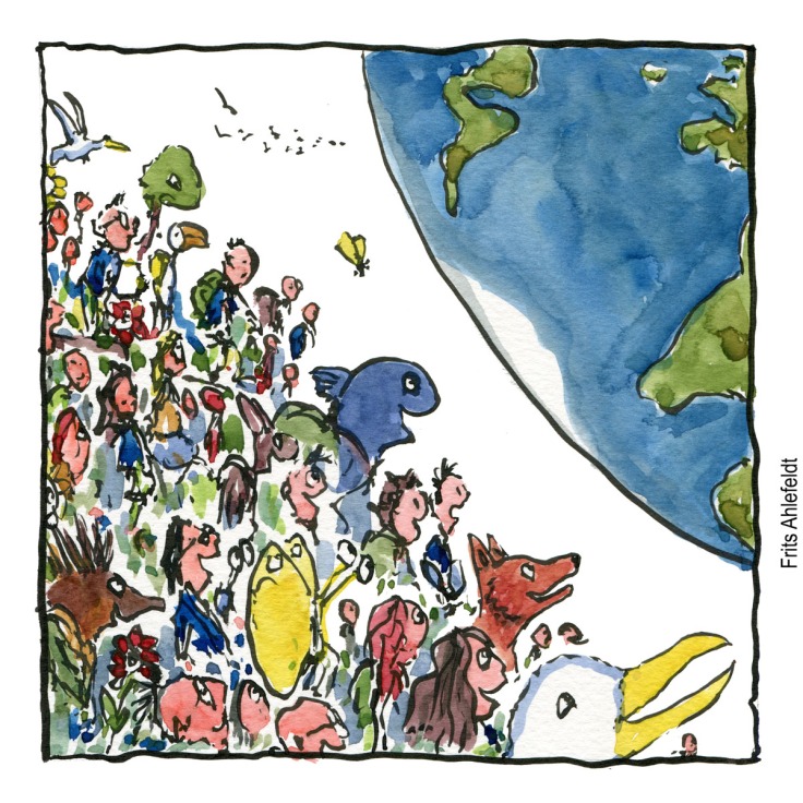 Drawing of animals and people looking towards the planet Earth - illustration by Frits Ahlefeldt