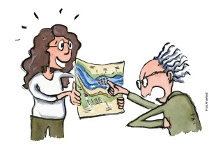 Drawing of a skeptical user looking at a map of a new project. Drawn journalism illustration by Frits Ahlefeldt of NIMBY.