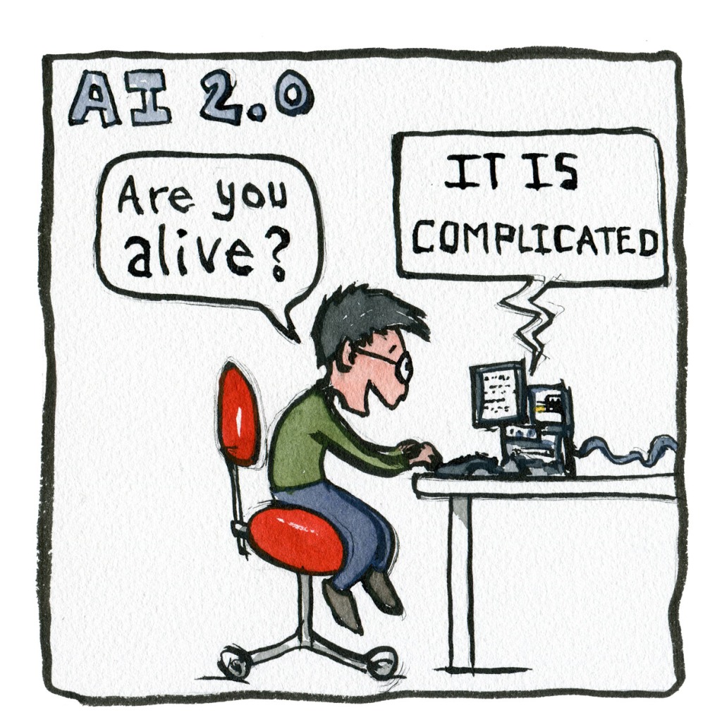 AI 2.0 - Drawing of young man sitting in front of early computer asking "Are you alive" The computer answers "it is complicated" - Drawn journalism illustration by Frits Ahlefeldt